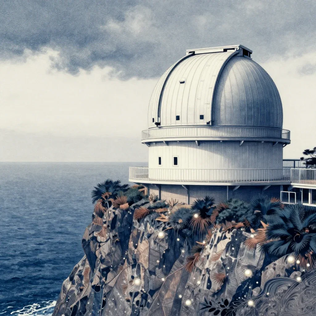 a cliffside observatory under overcast coastal light, Japanese woodblock-inspired editorial art, crisp material detail, 