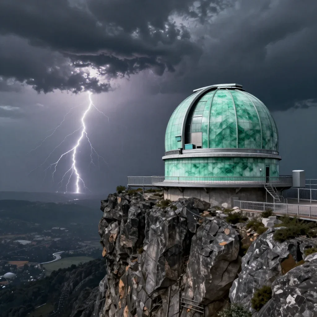a cliffside observatory after a distant thunderstorm, quiet science-fiction concept art, crisp material detail, jade and