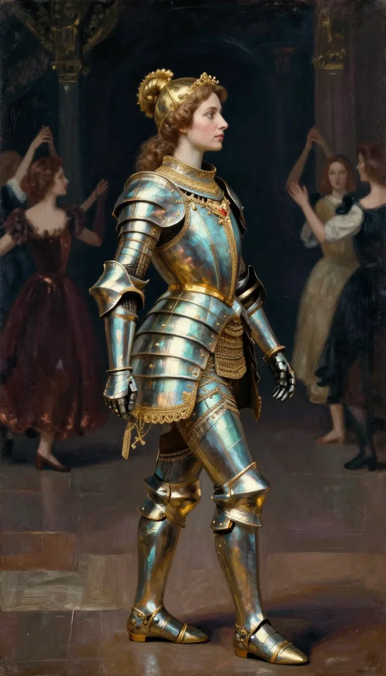 a warrior queen in ornate gilded armor in a dramatic three-quarter profile, on a midnight dance floor, Renaissance chiar
