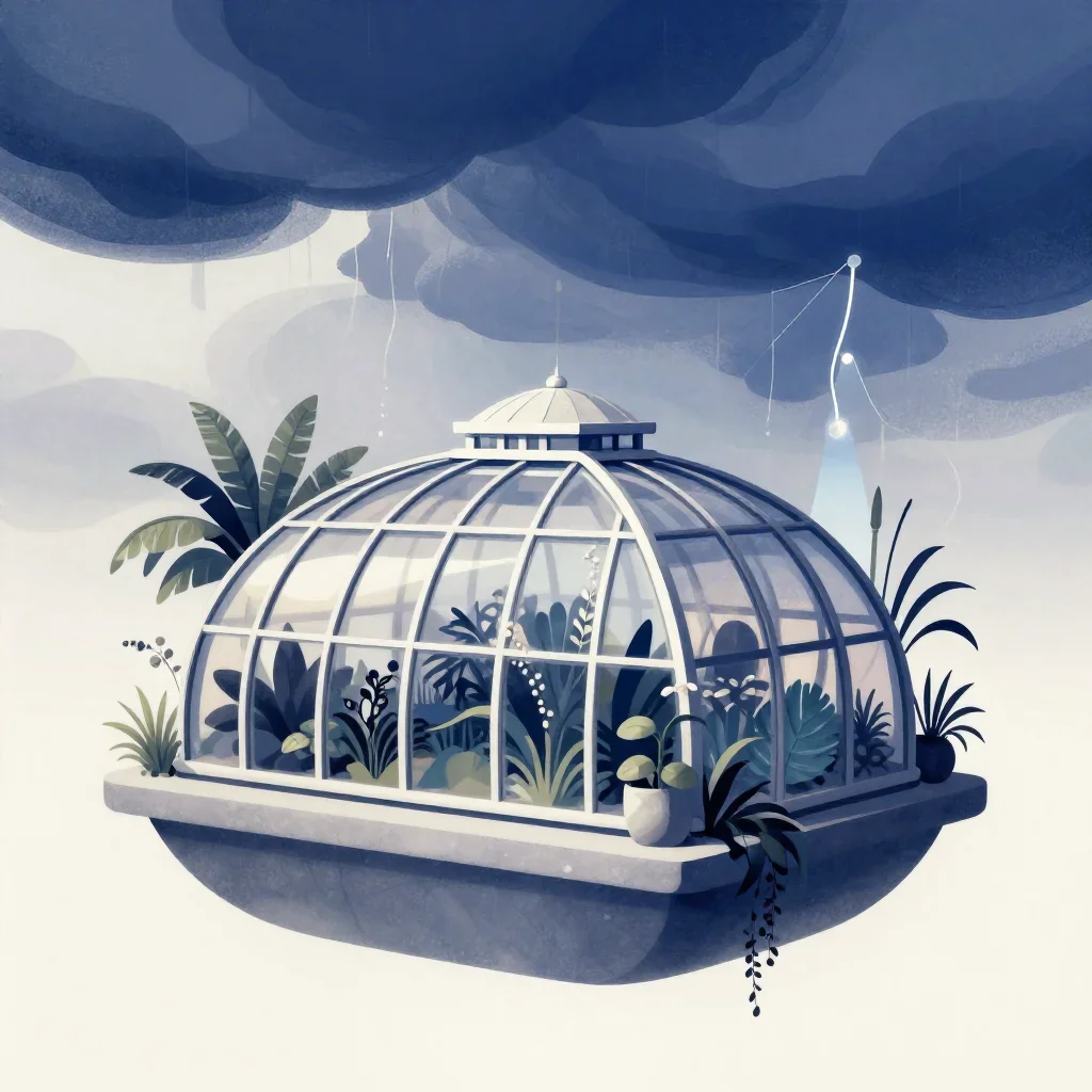a floating botanical conservatory after a distant thunderstorm, modernist poster illustration, soft volumetric light, in