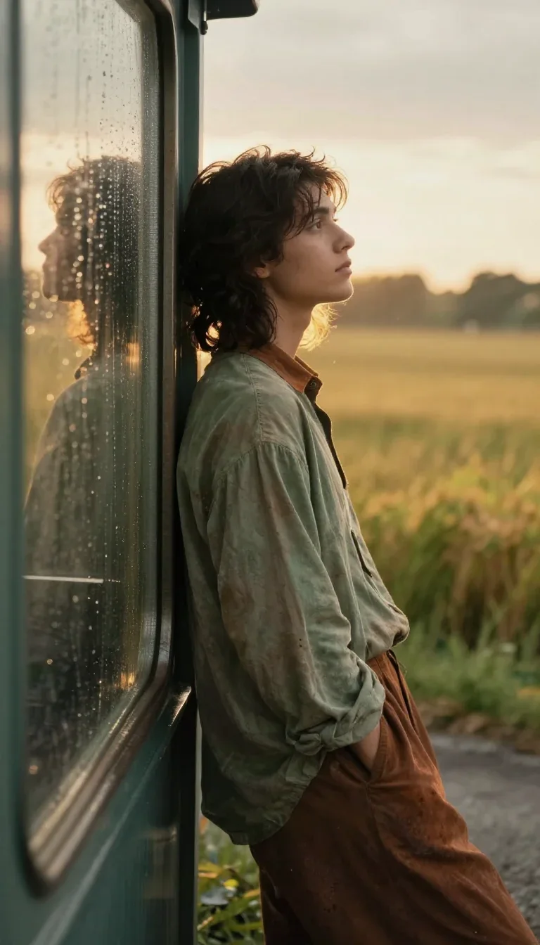a lover leaning against rain-streaked glass mid-turn with fabric catching the light, in a backlit golden-hour field, moo