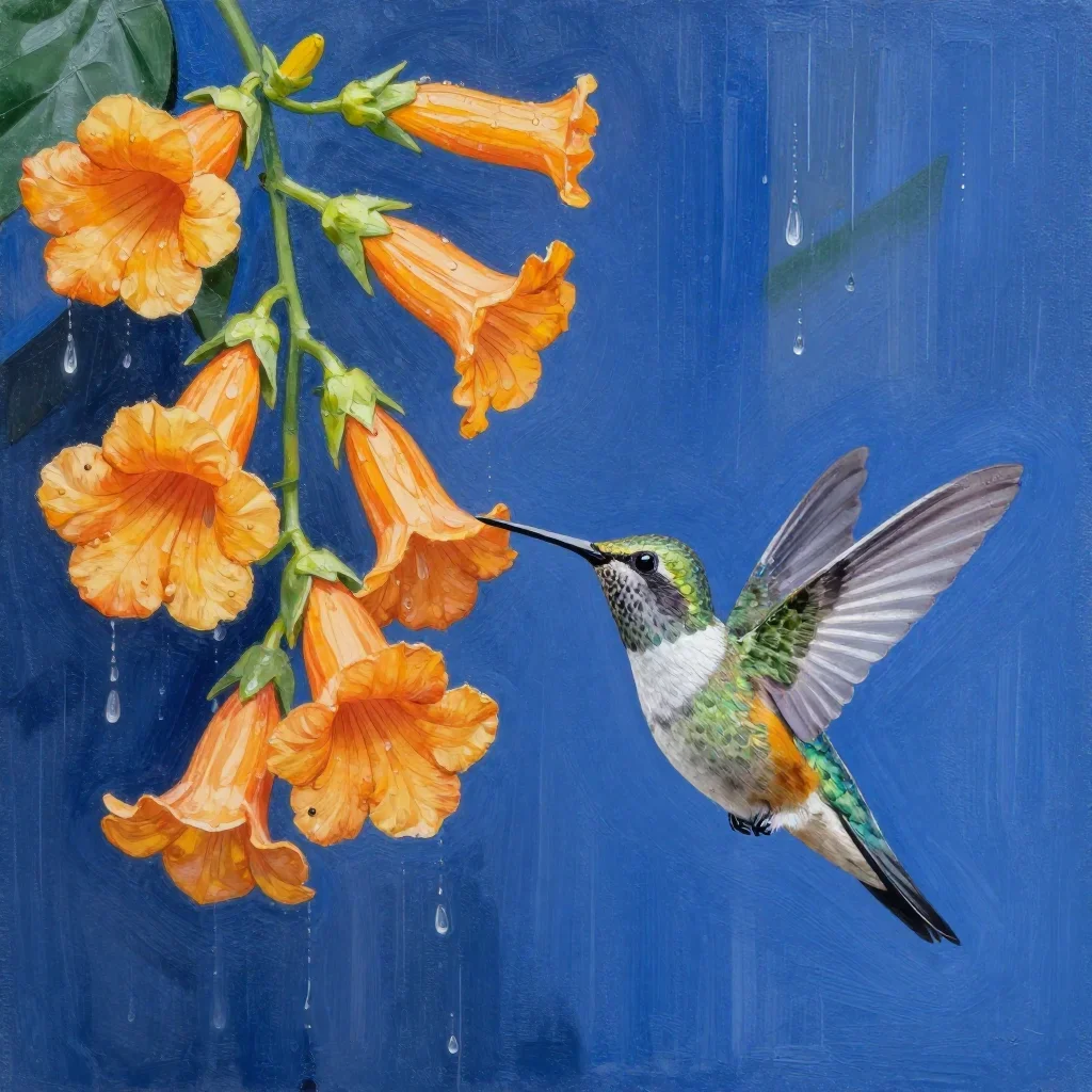 a hummingbird beside trumpet flowers after warm summer rain, luminous gouache painting, careful geometric composition, c