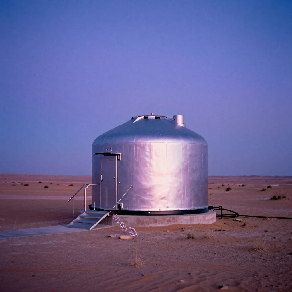 a desert research station at blue hour, soft-grain analog film photography, crisp material detail, lavender and silver p