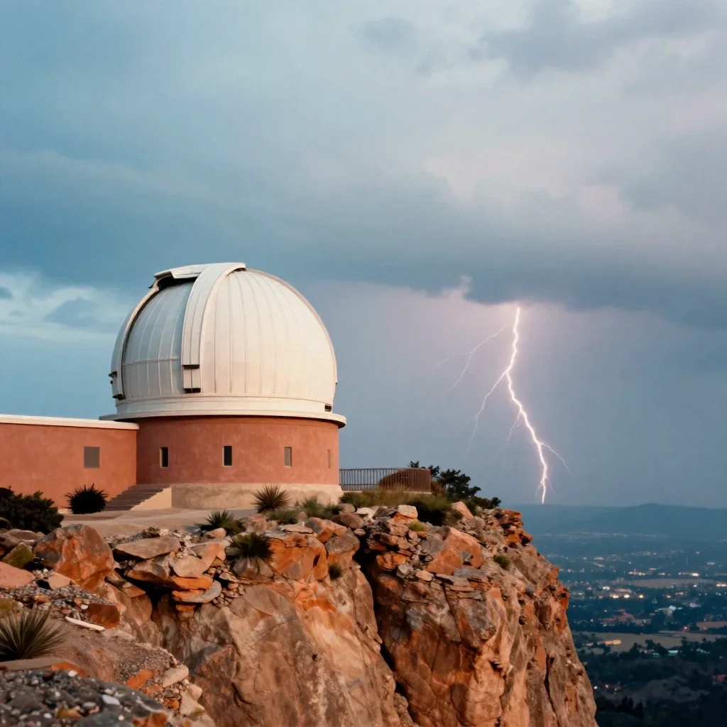 a cliffside observatory after a distant thunderstorm, cinematic architectural photography, subtle film grain, terracotta