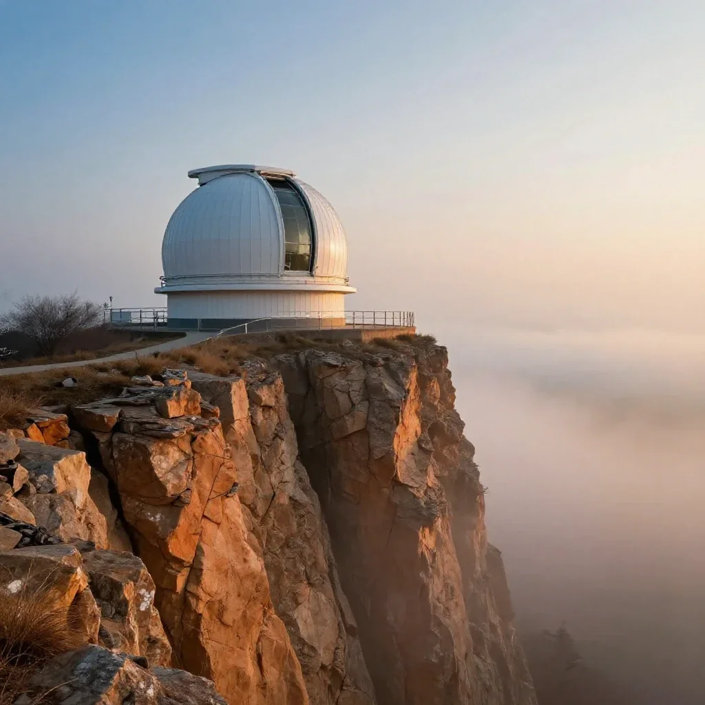 a cliffside observatory in early spring mist, high-end design magazine photography, careful geometric composition, ochre