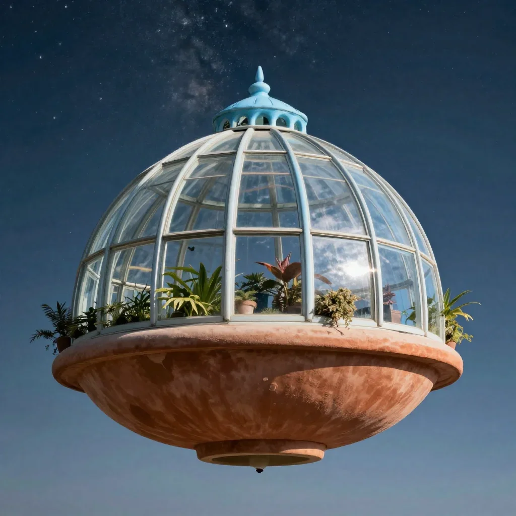a floating botanical conservatory beneath a star-filled sky, cinematic architectural photography, gentle reflected light