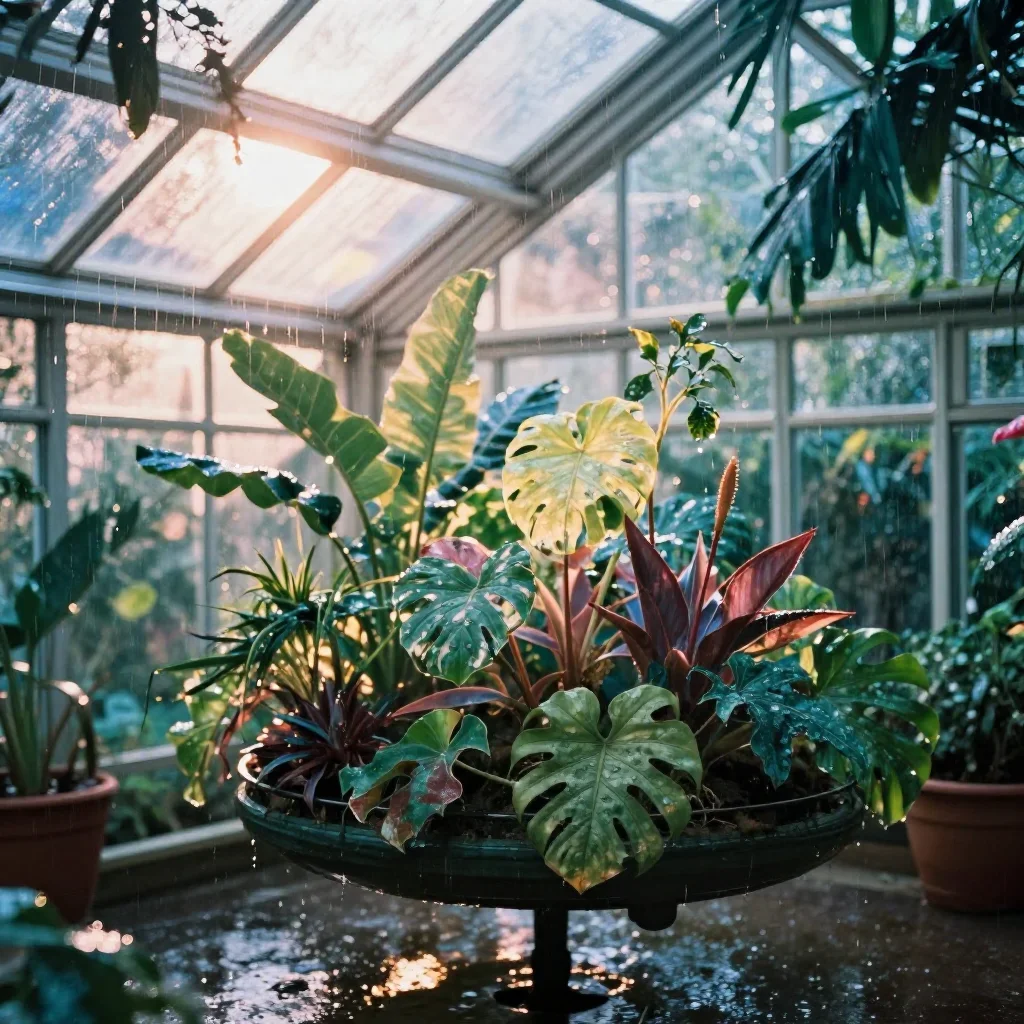 a floating botanical conservatory after warm summer rain, soft-grain analog film photography, soft volumetric light, cob