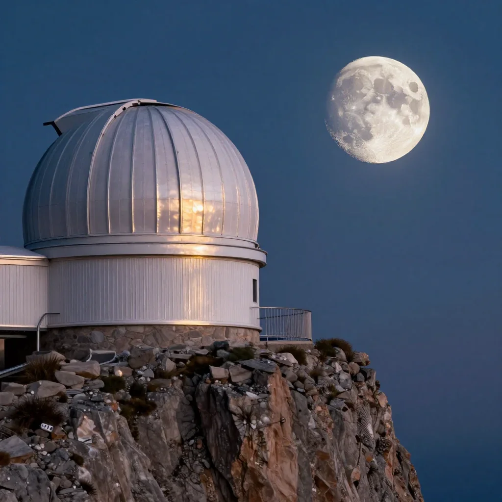 a cliffside observatory at moonrise, cinematic architectural photography, gentle reflected light, indigo and pearl palet