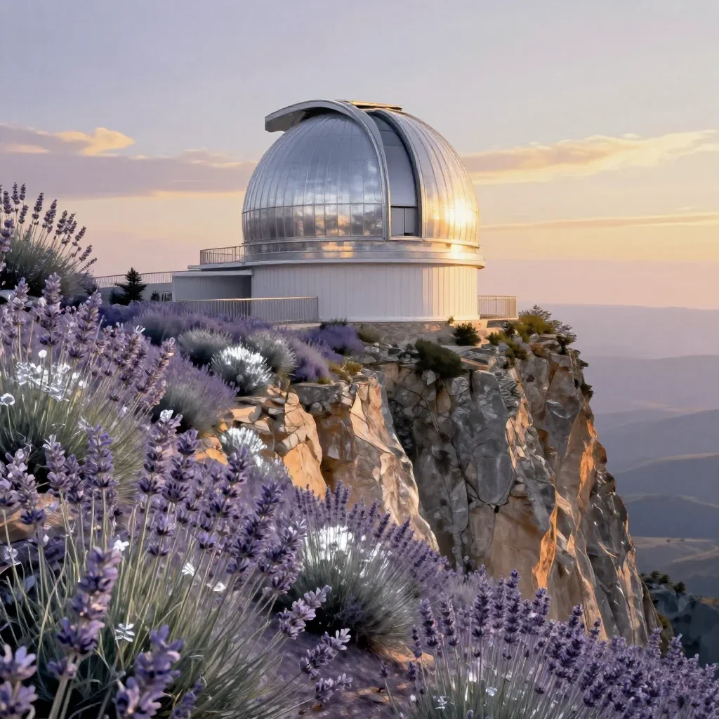 a cliffside observatory during golden hour, contemporary botanical illustration, soft volumetric light, lavender and sil