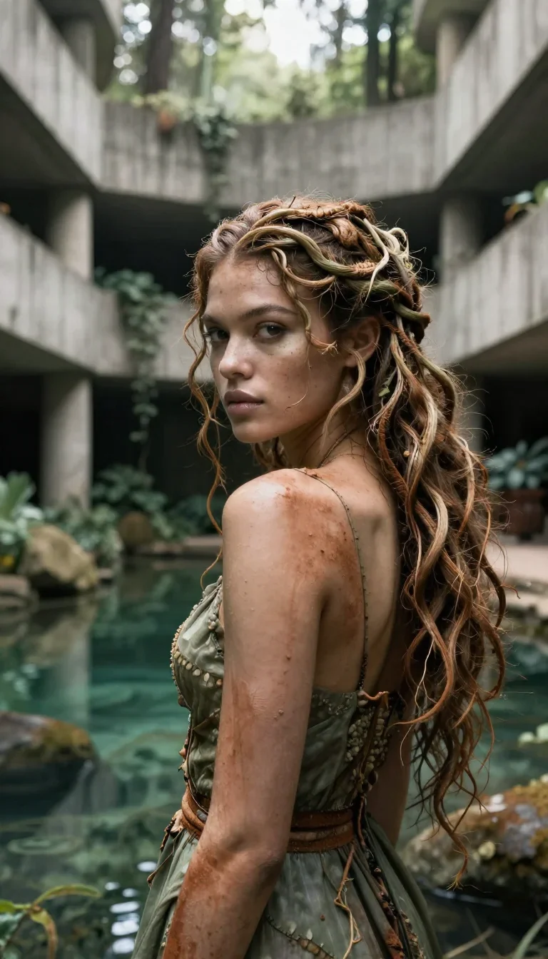 a dryad with vine-woven hair in a forest pool in an alluring over-the-shoulder glance, in a brutalist concrete atrium, V