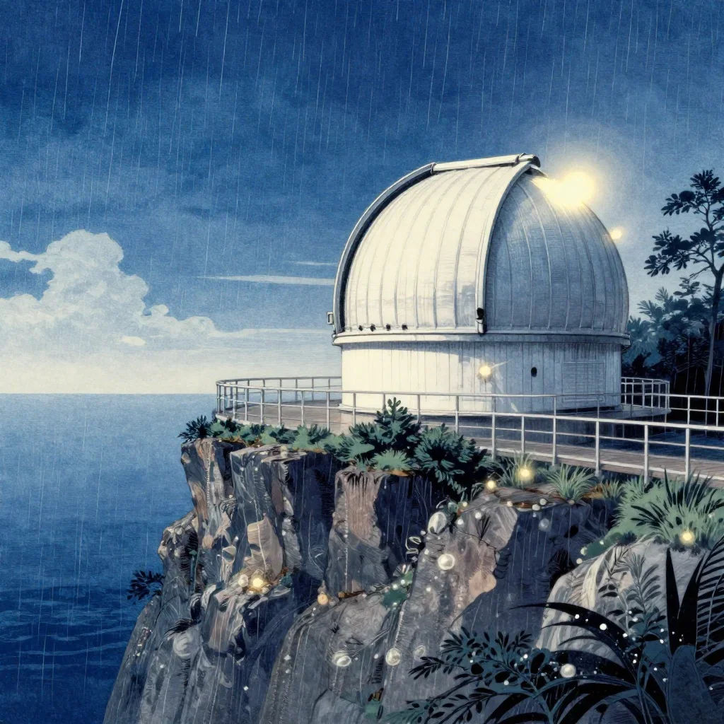 a cliffside observatory after warm summer rain, Japanese woodblock-inspired editorial art, subtle film grain, indigo and