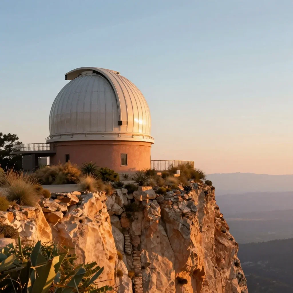 a cliffside observatory during golden hour, contemporary botanical illustration, soft volumetric light, terracotta and p