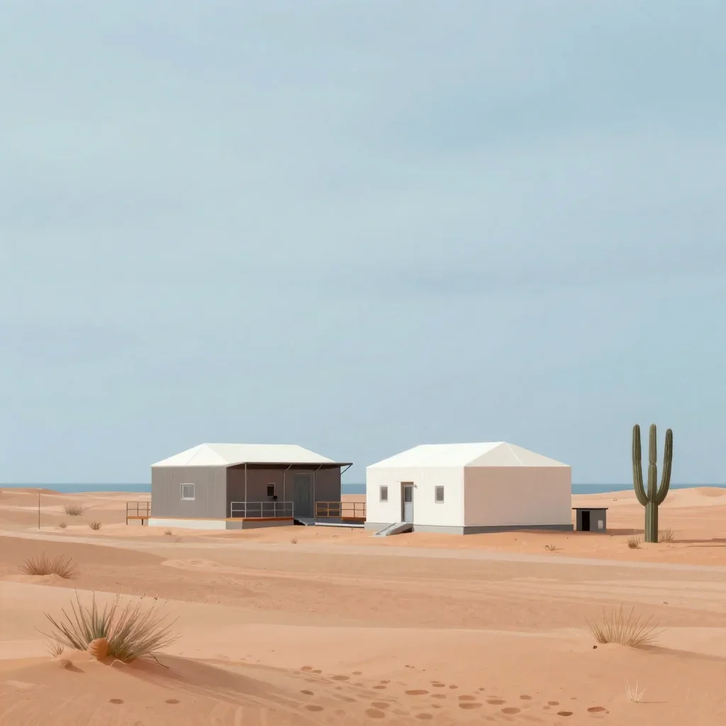 a desert research station under overcast coastal light, contemporary botanical illustration, calm negative space, terrac