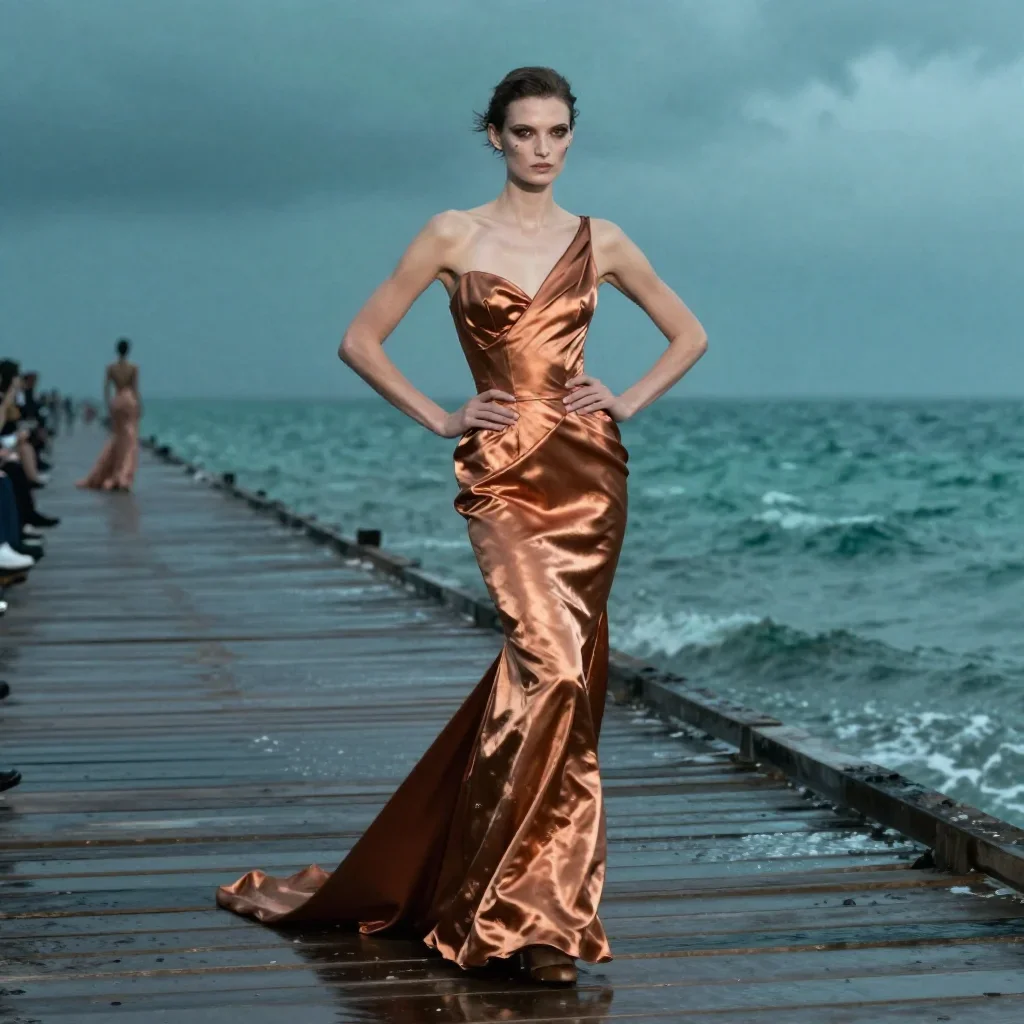 a couture catwalk muse with razor cheekbones in a graceful contrapposto pose, on a storm-washed boardwalk, high-fashion