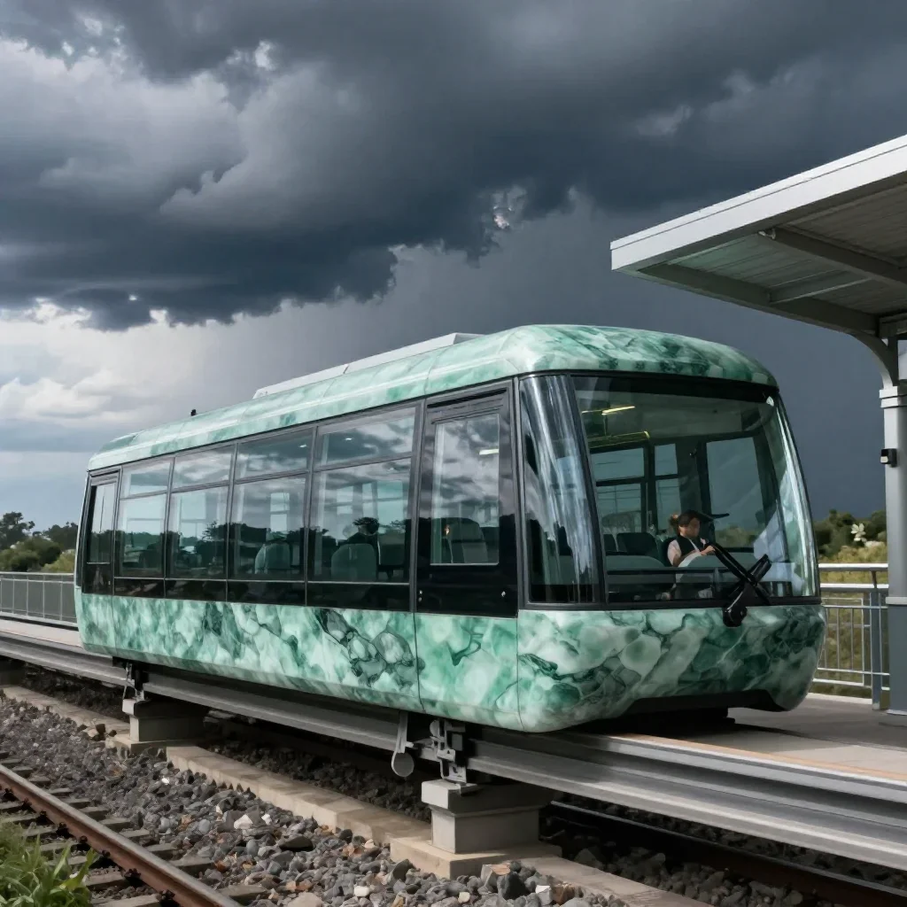 a glass monorail station after a distant thunderstorm, cinematic architectural photography, crisp material detail, jade 