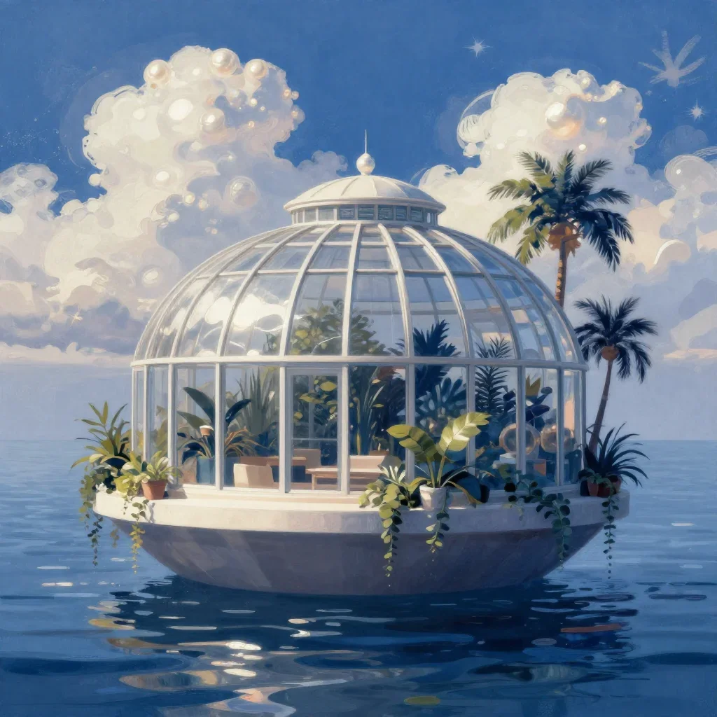 a floating botanical conservatory in a gentle sea breeze, modernist poster illustration, soft volumetric light, indigo a
