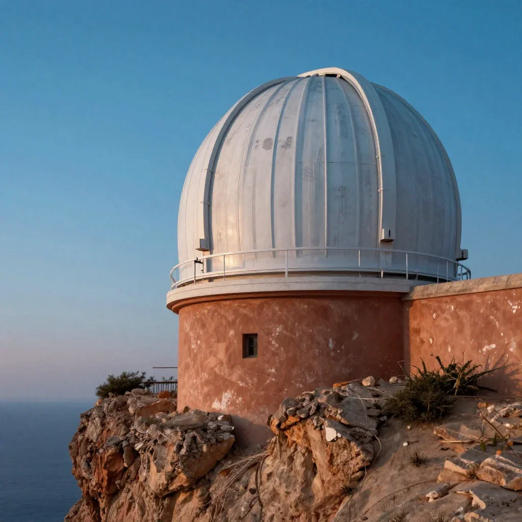 a cliffside observatory at blue hour, cinematic architectural photography, weathered tactile surfaces, terracotta and pa