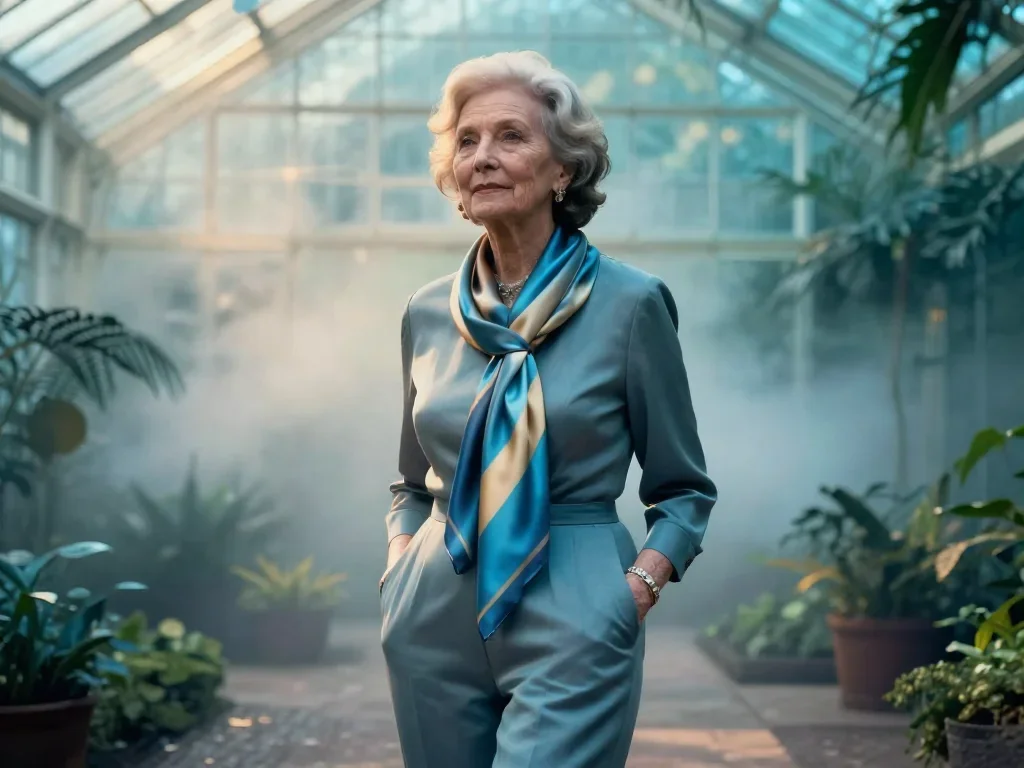 an elegant older stateswoman in a silk scarf standing tall with hands in pockets, in a greenhouse humid with mist, bold 