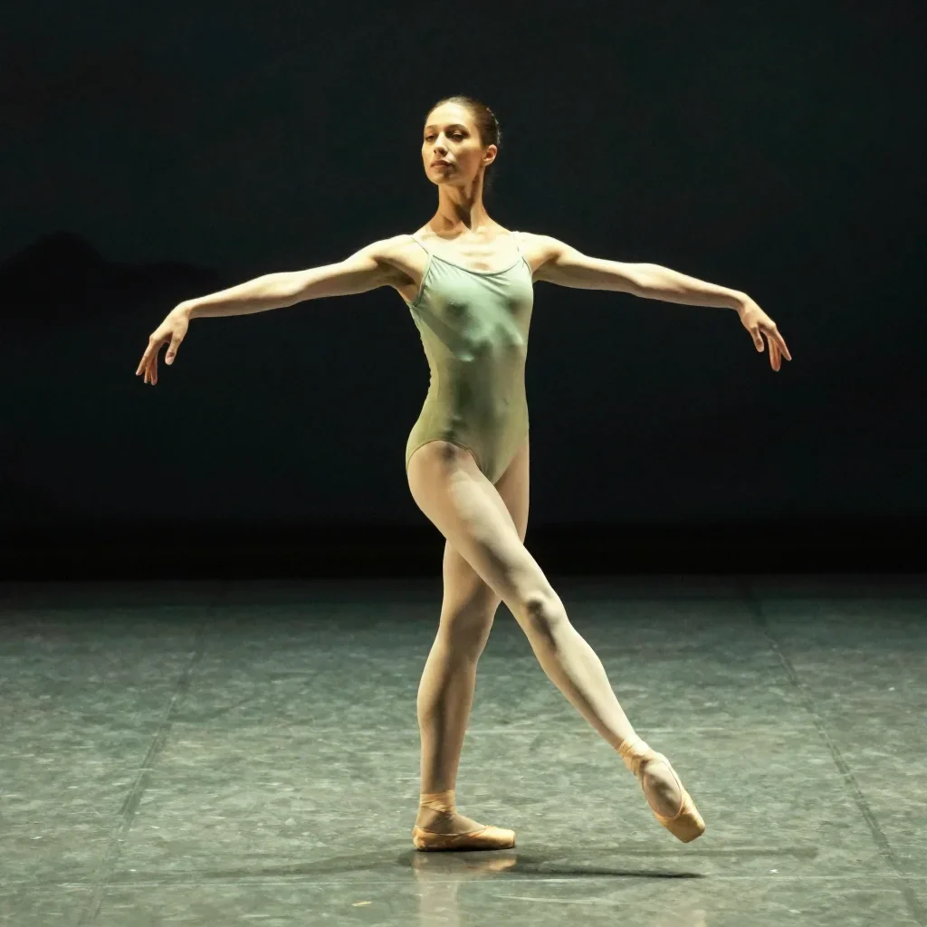 a ballet dancer in a bare-shoulder leotard, mid-extension in a confident cinematic stride, on a midnight dance floor, dr