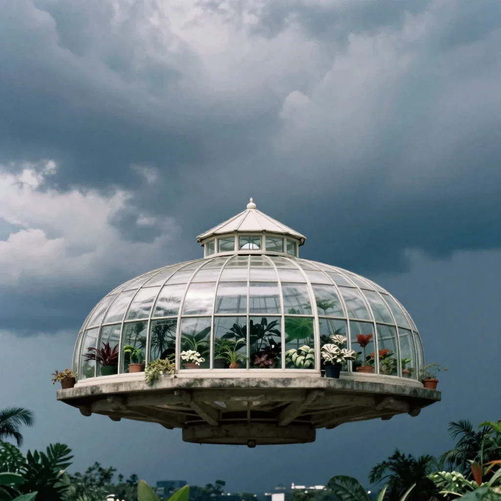 a floating botanical conservatory after a distant thunderstorm, soft-grain analog film photography, restrained color har