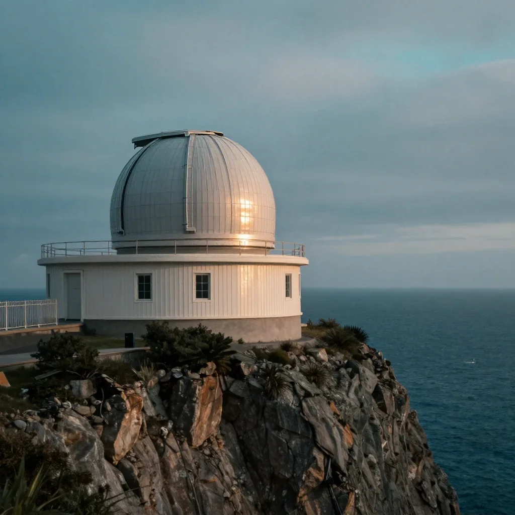 a cliffside observatory under overcast coastal light, cinematic architectural photography, gentle reflected light, cobal