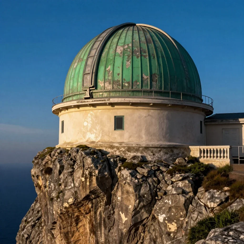 a cliffside observatory at blue hour, dreamlike fine-art landscape photography, weathered tactile surfaces, moss green a