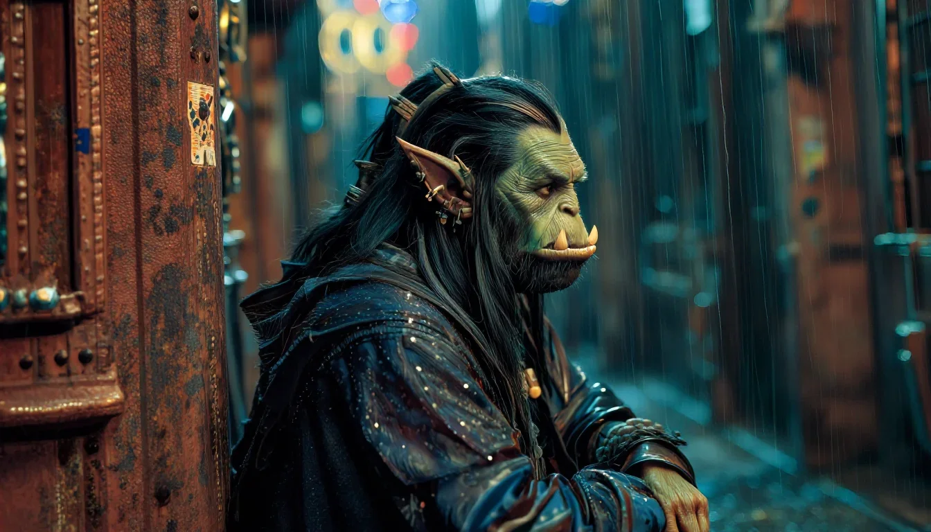 a sorceress in a star-lit midnight cloak in a dramatic three-quarter profile, in a rain-slick neon alley, Wong Kar-wai c