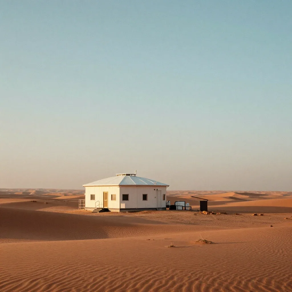 a desert research station in quiet late-afternoon haze, dreamlike fine-art landscape photography, subtle film grain, ter