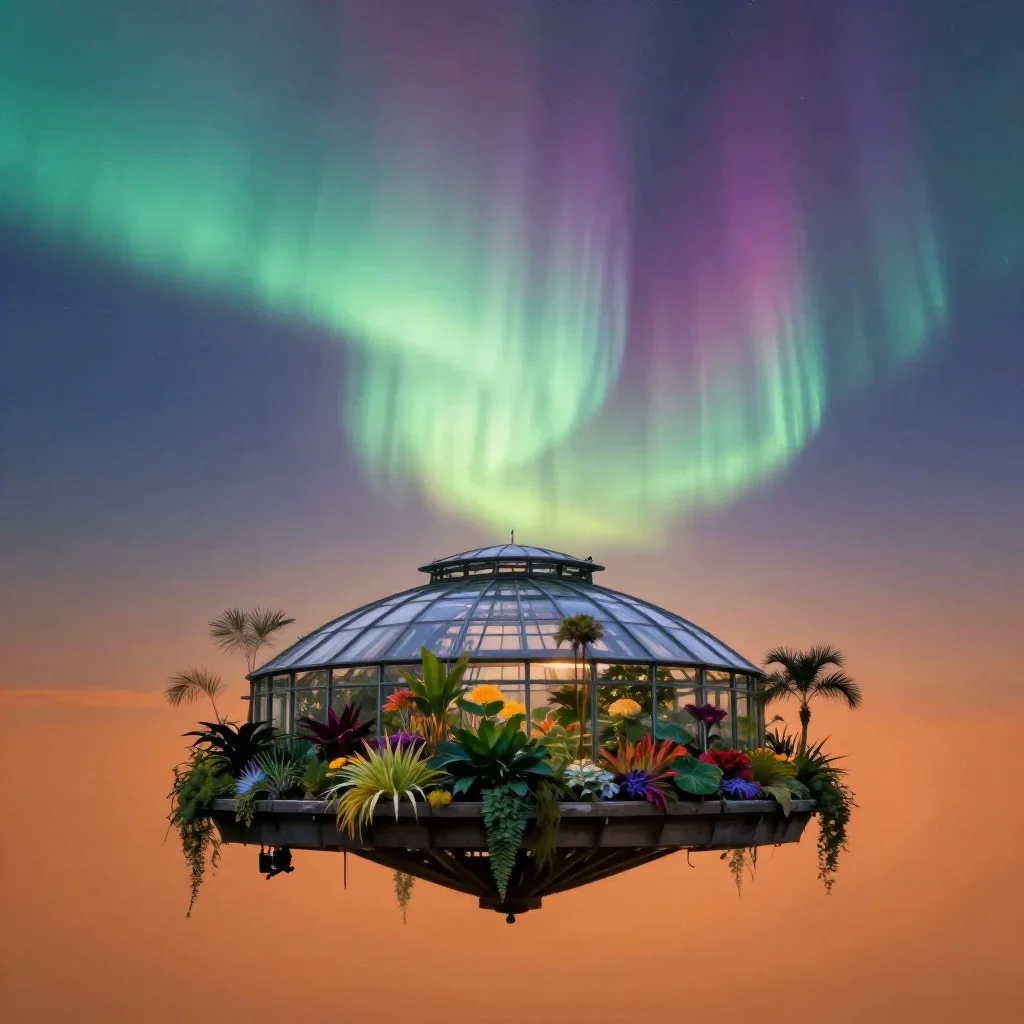 a floating botanical conservatory beneath an aurora, dreamlike fine-art landscape photography, calm negative space, ochr