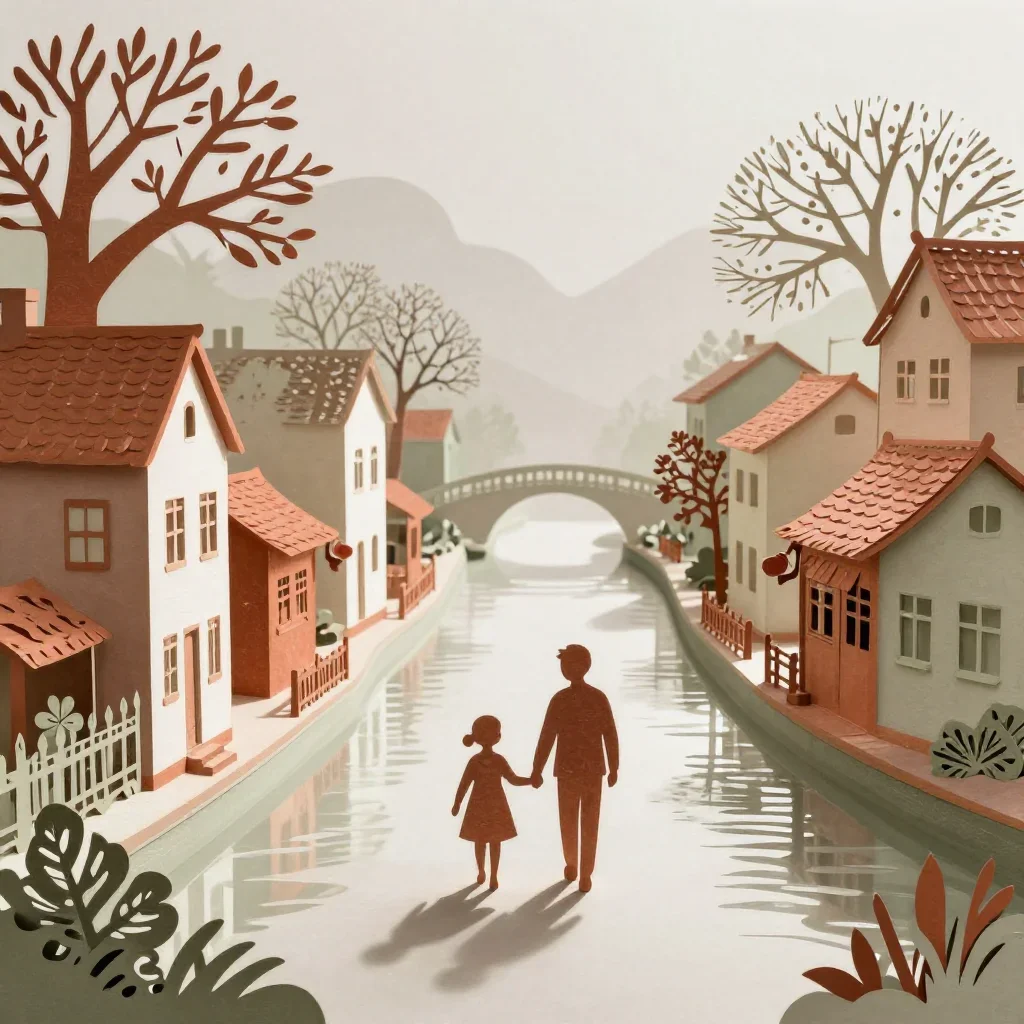 a quiet canal city in early spring mist, intricate paper-cut illustration, clean natural textures, rust and sage palette