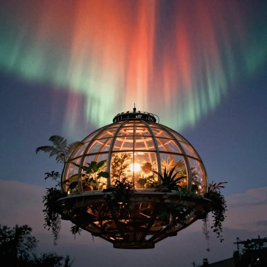 a floating botanical conservatory beneath an aurora, quiet science-fiction concept art, subtle film grain, ochre and ult