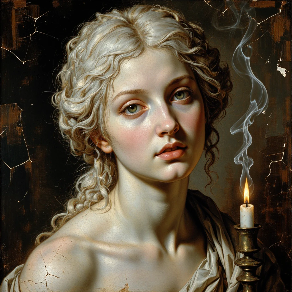 Baroque oil portrait of a marble goddess half-lit by candle smoke, cracked varnish, museum dusk