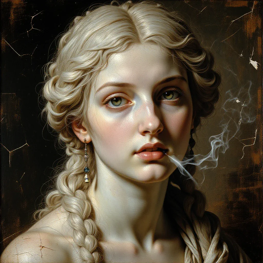 Baroque oil portrait of a marble goddess half-lit by candle smoke, cracked varnish, museum dusk