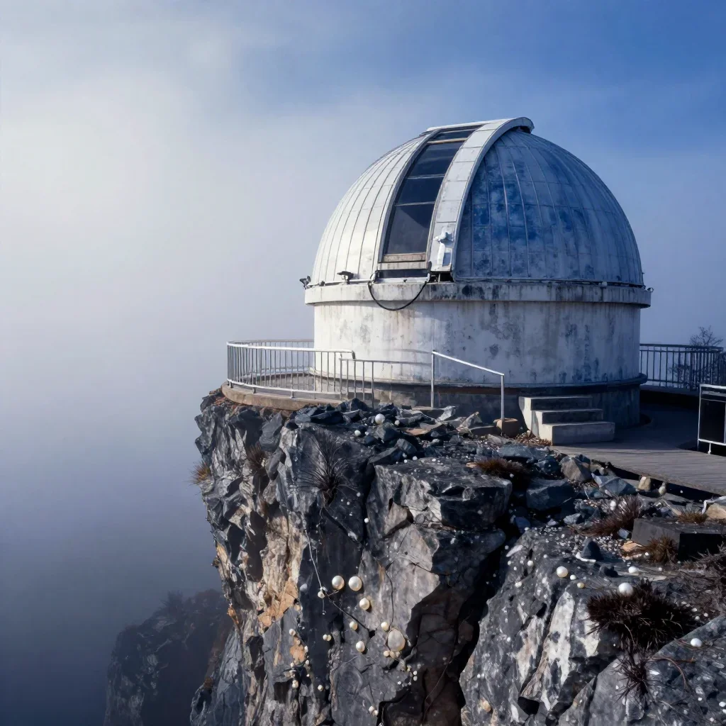 a cliffside observatory in early spring mist, refined editorial travel photography, weathered tactile surfaces, indigo a