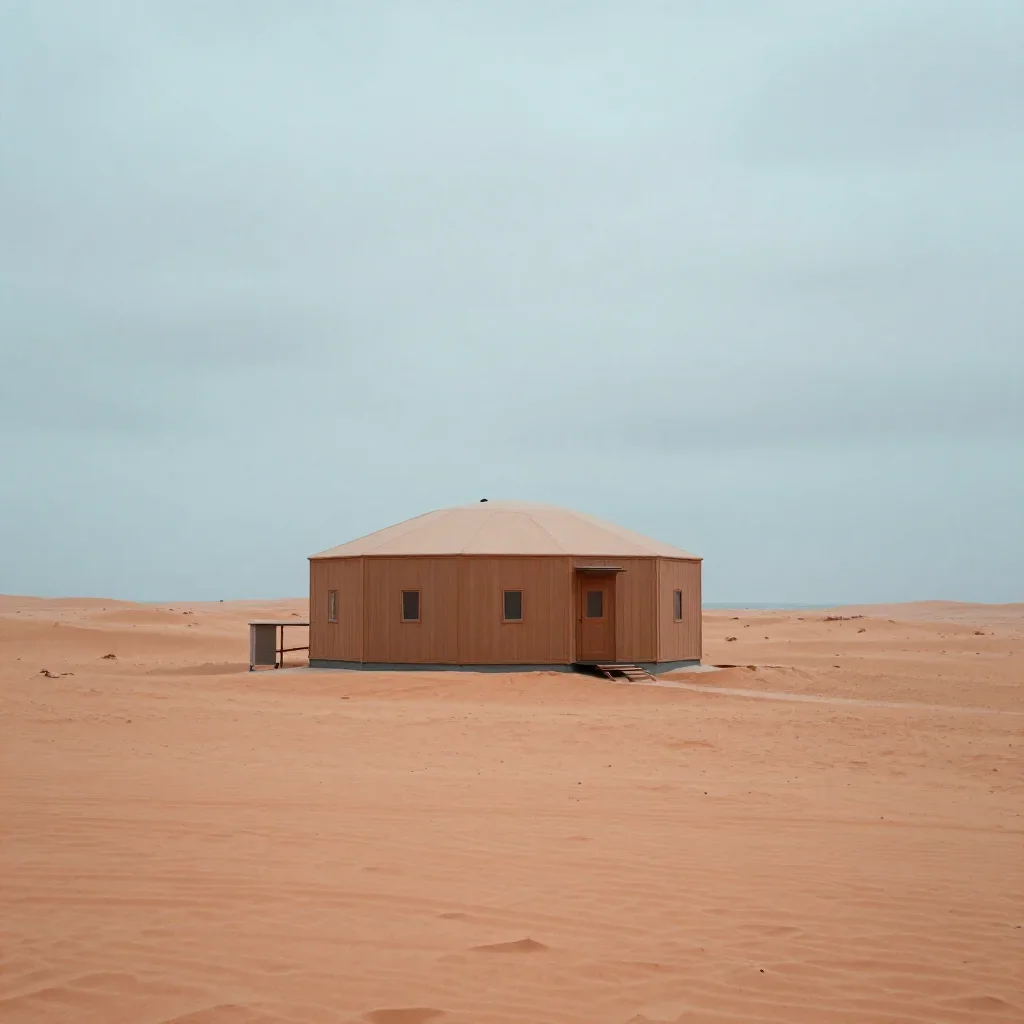 a desert research station under overcast coastal light, high-end design magazine photography, restrained color harmony, 