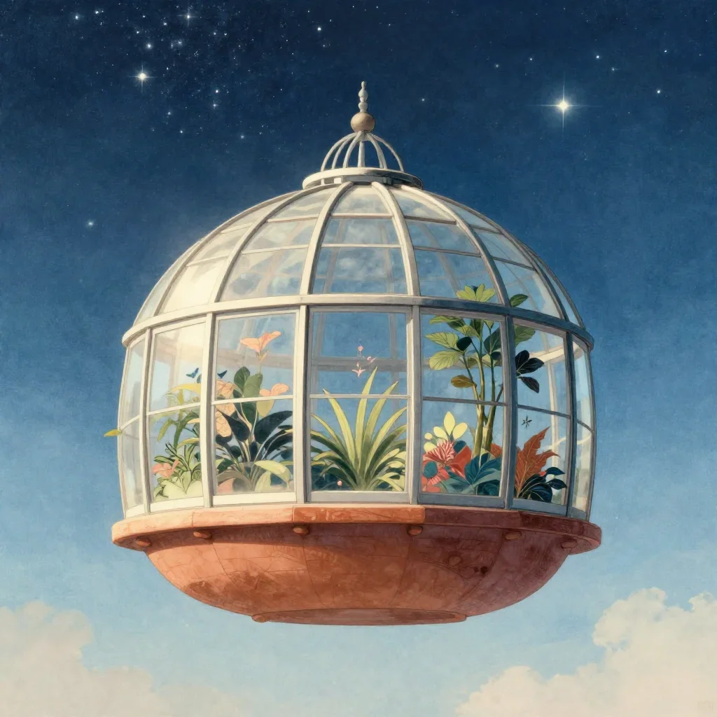 a floating botanical conservatory beneath a star-filled sky, Japanese woodblock-inspired editorial art, soft volumetric 
