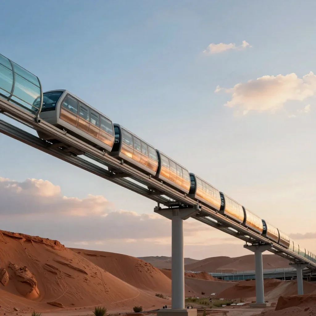 a glass monorail in crisp winter sunlight, dreamlike fine-art landscape photography, gentle reflected light, terracotta 
