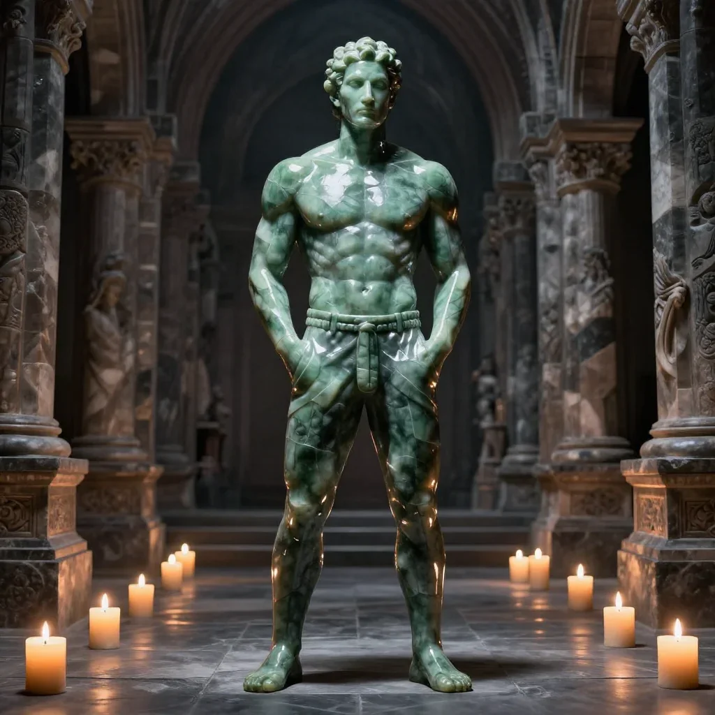 a chiseled athlete in dramatic rim light, oiled skin standing tall with hands in pockets, in a candle-lit cathedral ruin