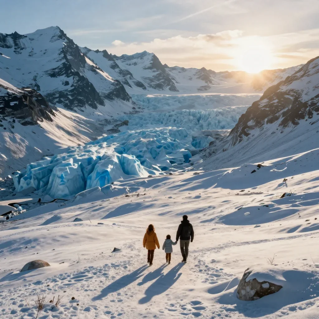 an alpine meadow beneath glaciers in crisp winter sunlight, quiet science-fiction concept art, restrained color harmony,