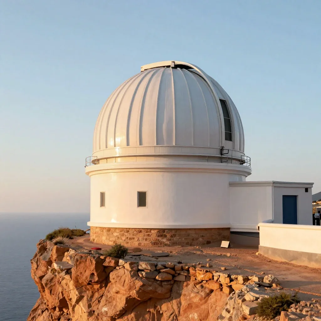a cliffside observatory during golden hour, museum-quality still-life photography, clean natural textures, terracotta an
