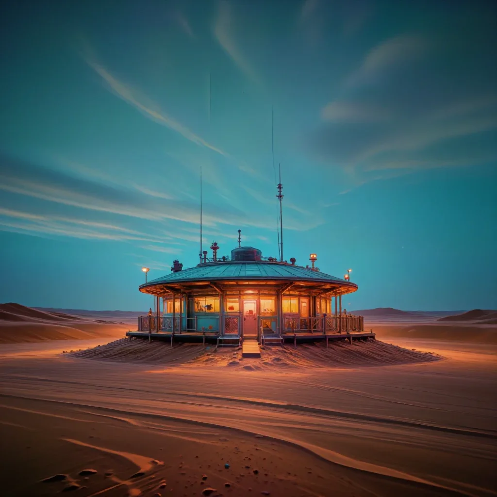 a desert research station at blue hour, dreamlike fine-art landscape photography, restrained color harmony, terracotta a