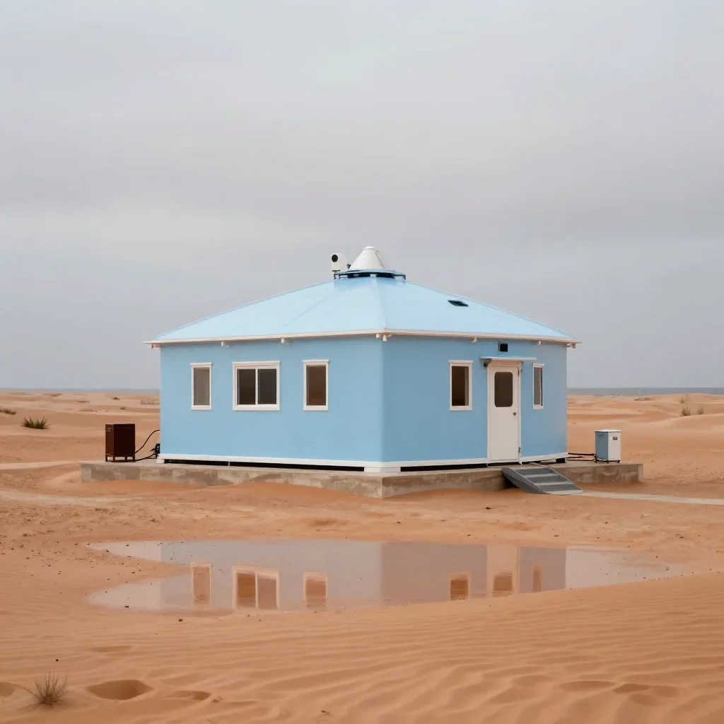 a desert research station under overcast coastal light, museum-quality still-life photography, gentle reflected light, t