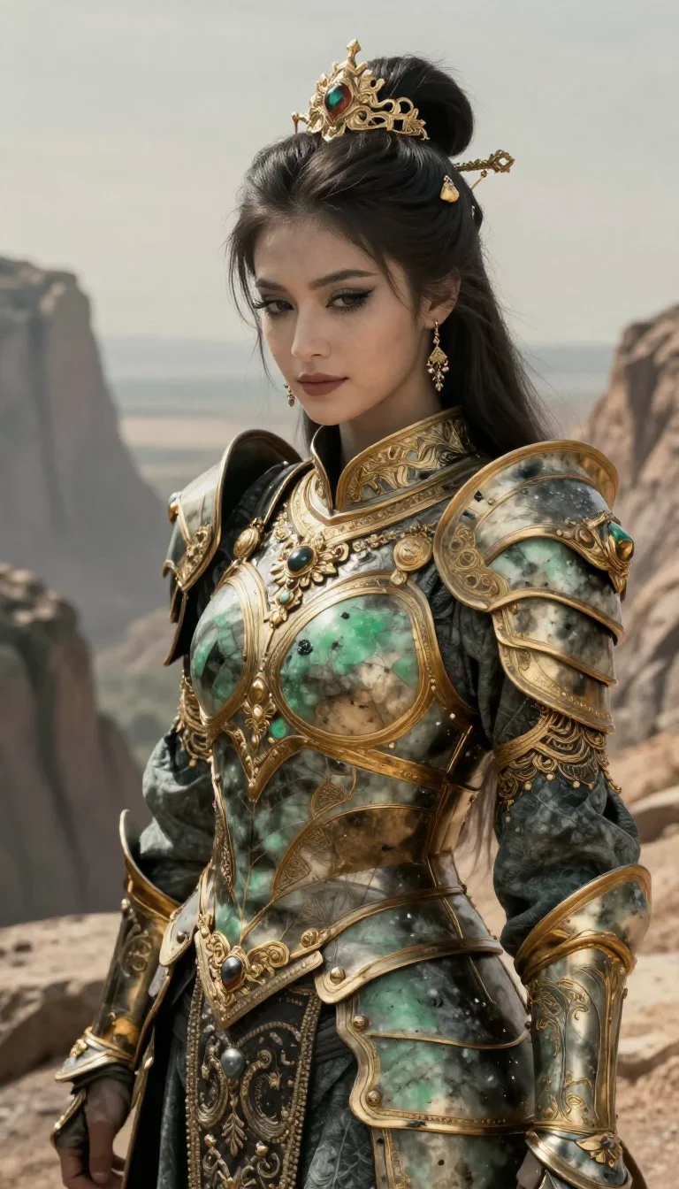 a warrior queen in ornate gilded armor in a coy glance from under lowered lashes, on a sun-drenched cliffside, dreamlike