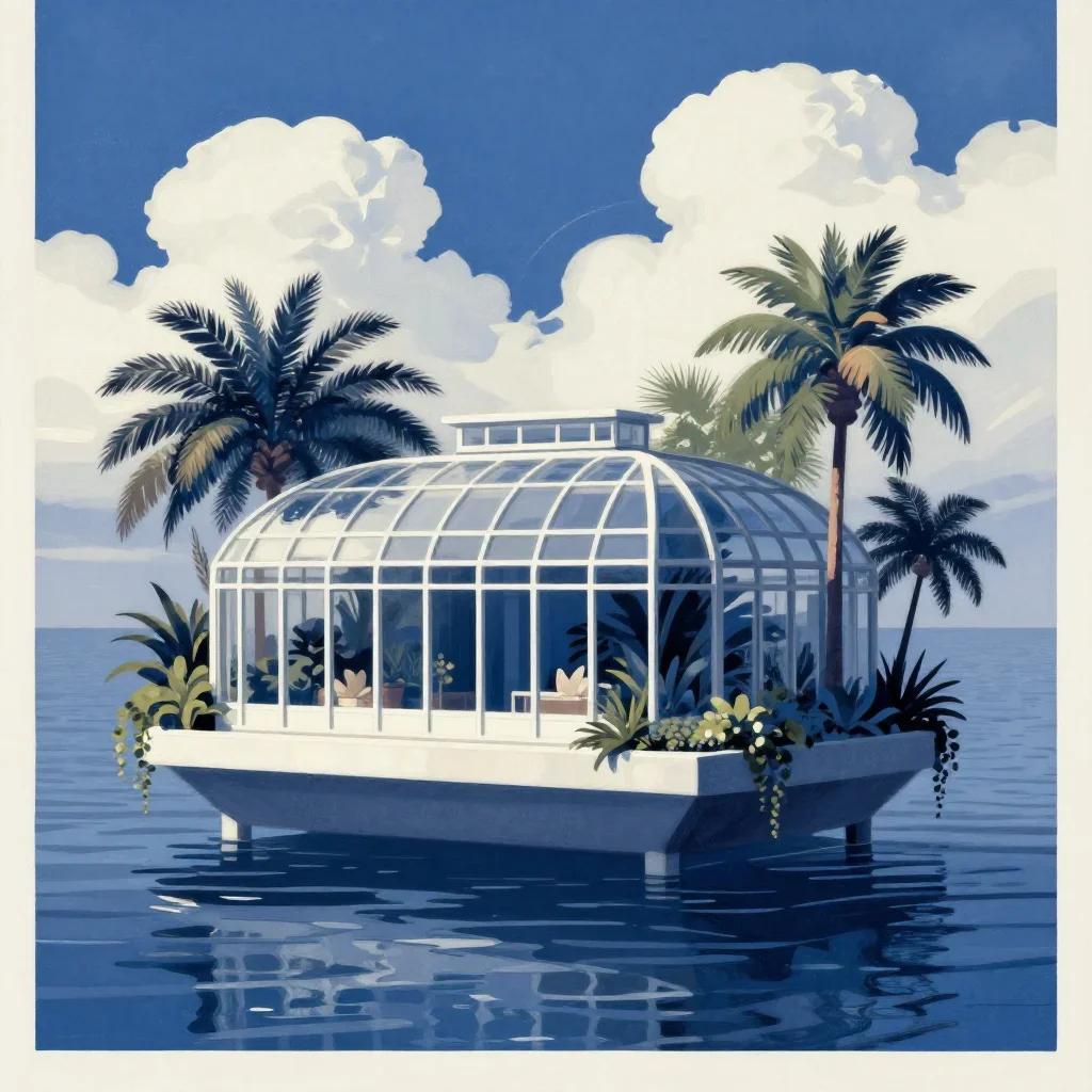 a floating botanical conservatory in a gentle sea breeze, modernist poster illustration, restrained color harmony, indig