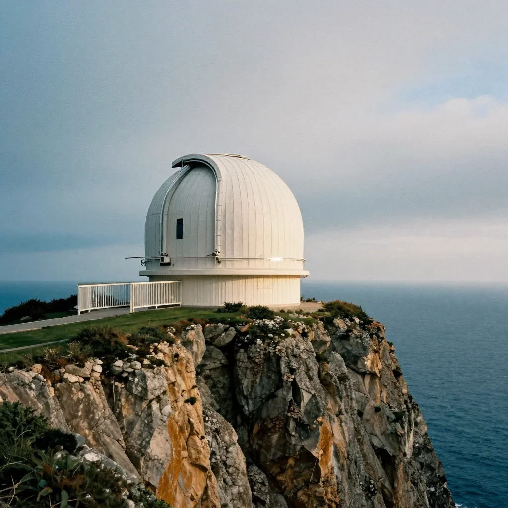 a cliffside observatory under overcast coastal light, cinematic architectural photography, subtle film grain, cobalt and