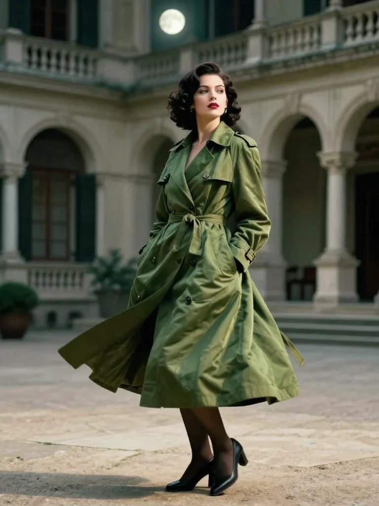 a noir detective's femme fatal muse in a trench coat mid-turn with fabric catching the light, in a moonlit palace courty