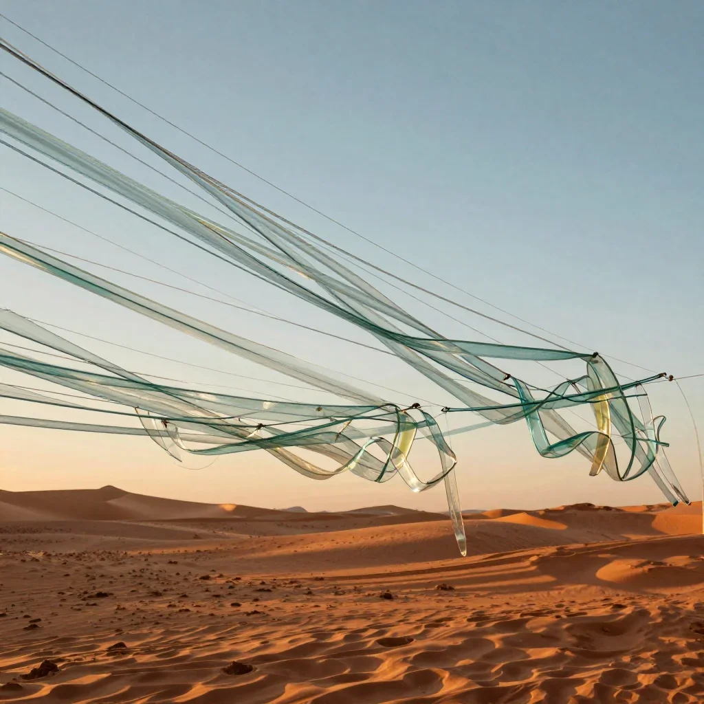 a suspended field of glass ribbons during golden hour, refined editorial travel photography, crisp material detail, terr