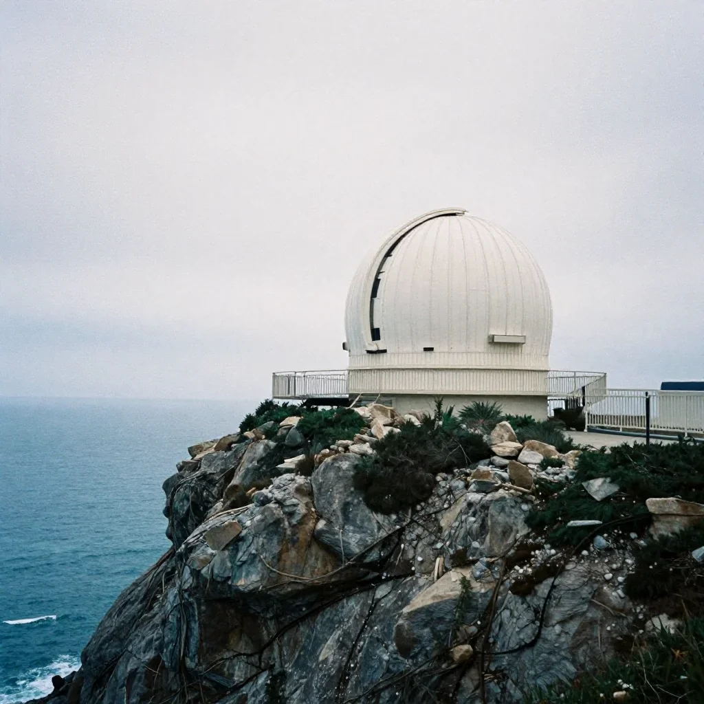 a cliffside observatory under overcast coastal light, soft-grain analog film photography, soft volumetric light, indigo 