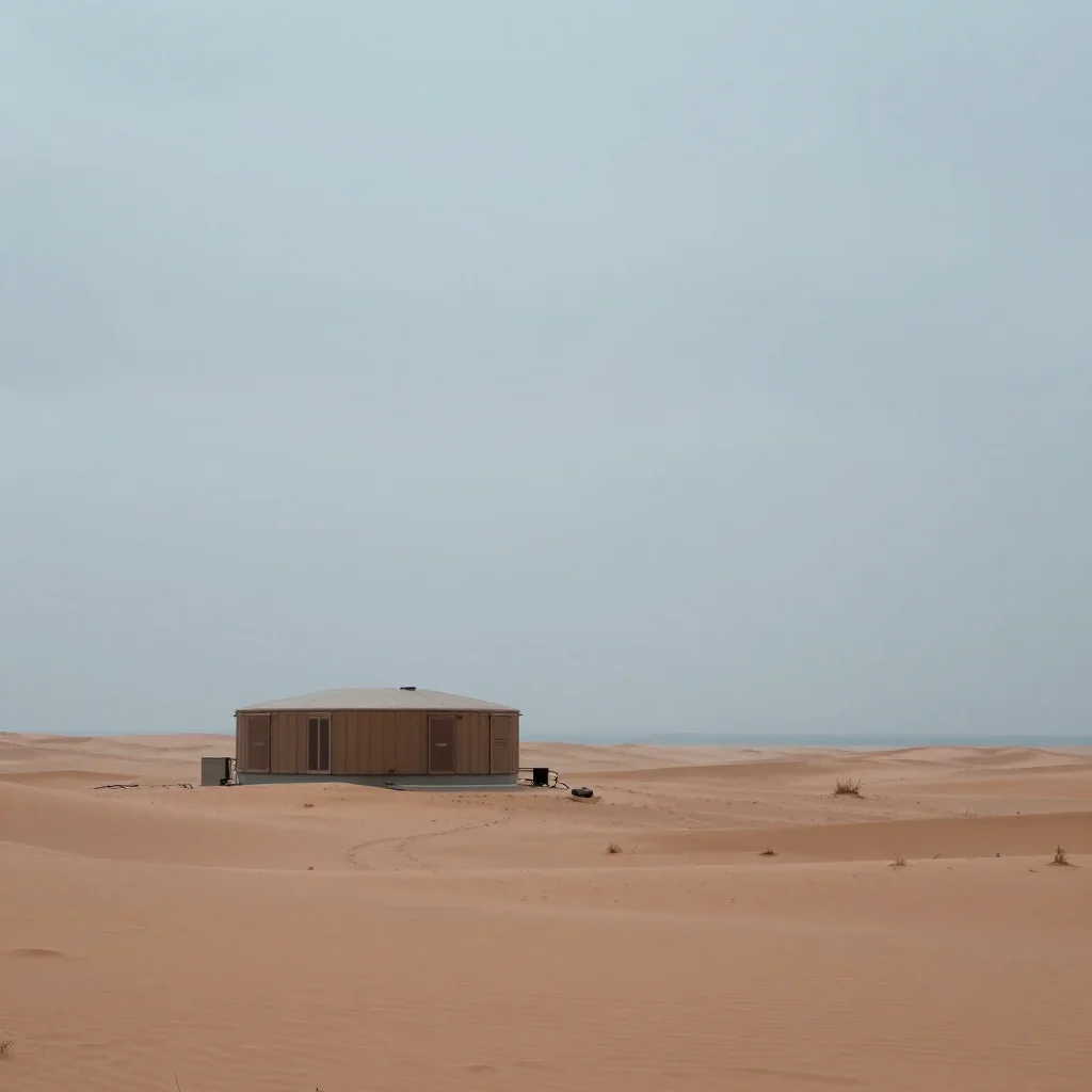 a desert research station under overcast coastal light, quiet science-fiction concept art, calm negative space, terracot