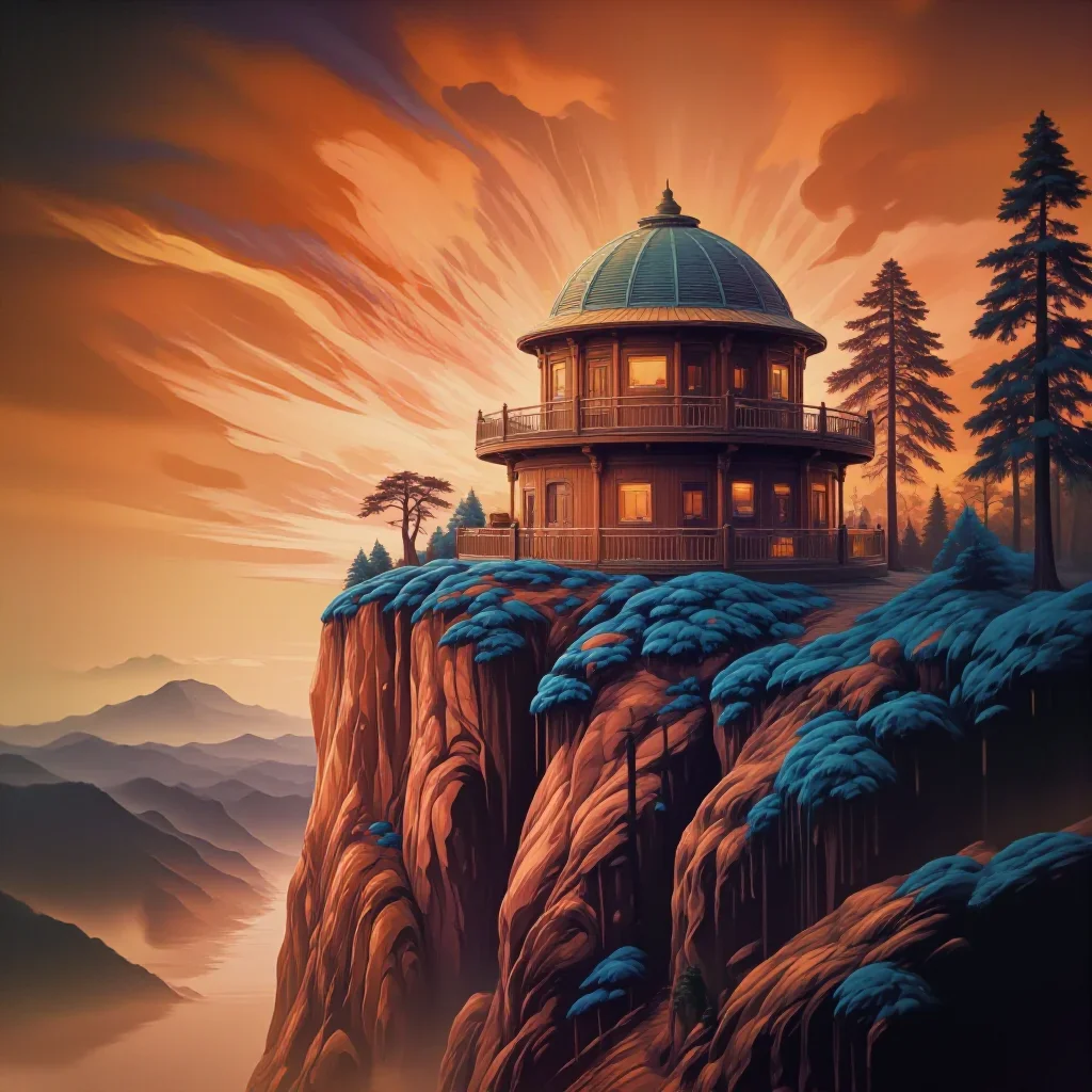 a cliffside observatory in early spring mist, Japanese woodblock-inspired editorial art, restrained color harmony, ochre